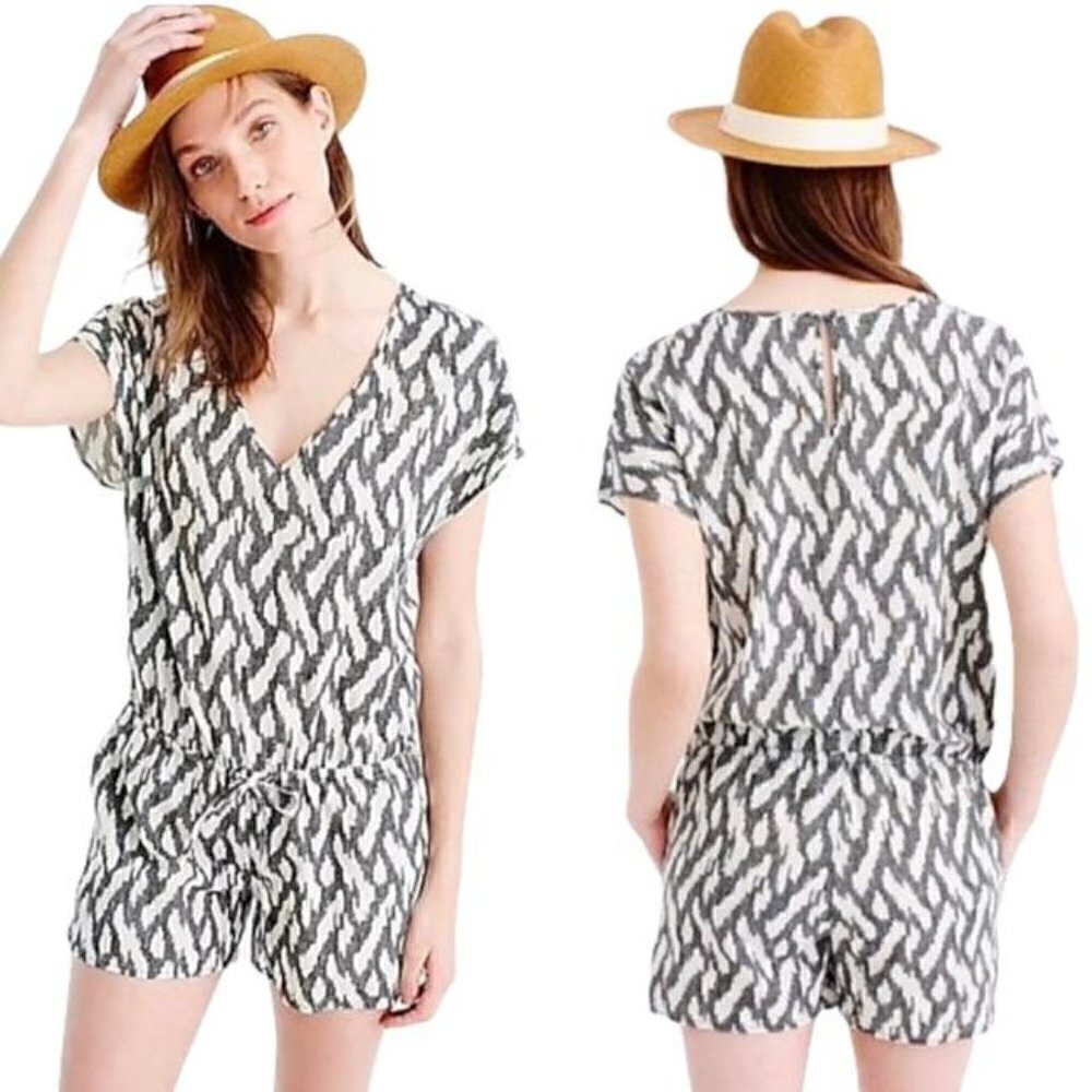J.Crew Linen Blend Short Sleeve Romper w/ pockets in Black White Ikat Print, XS